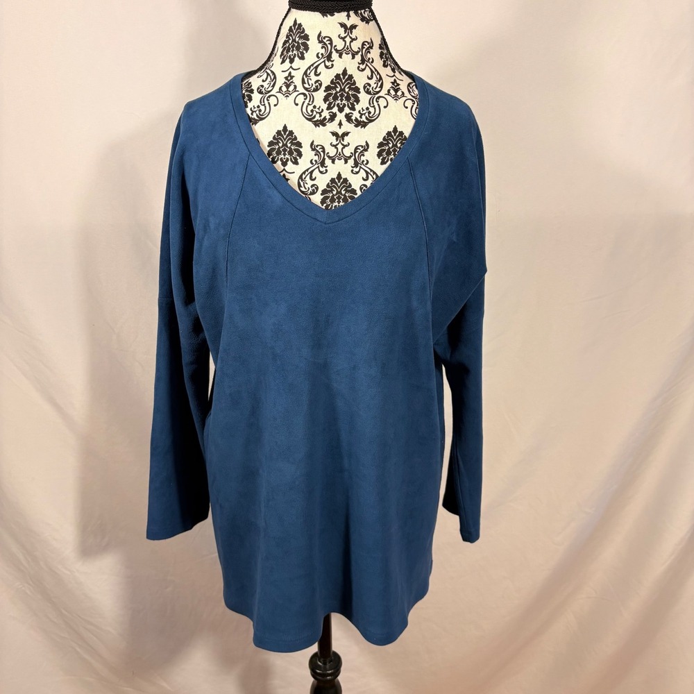 JOH Womens Blue Faux Suede V-Neck Tunic Top Long Sleeve Seam Detail M - Picture 2 of 16